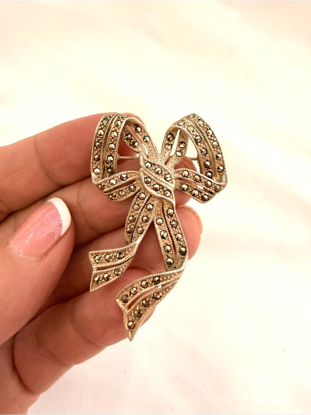 Vintage Sterling Silver Bow Brooch with Marcasite Accents
